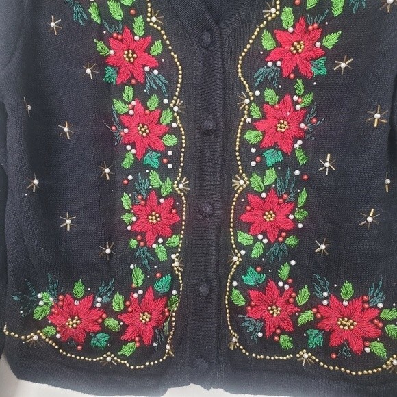 Victoria Jones black cardigan poinsettias and bead trim size large - Picture 3 of 6
